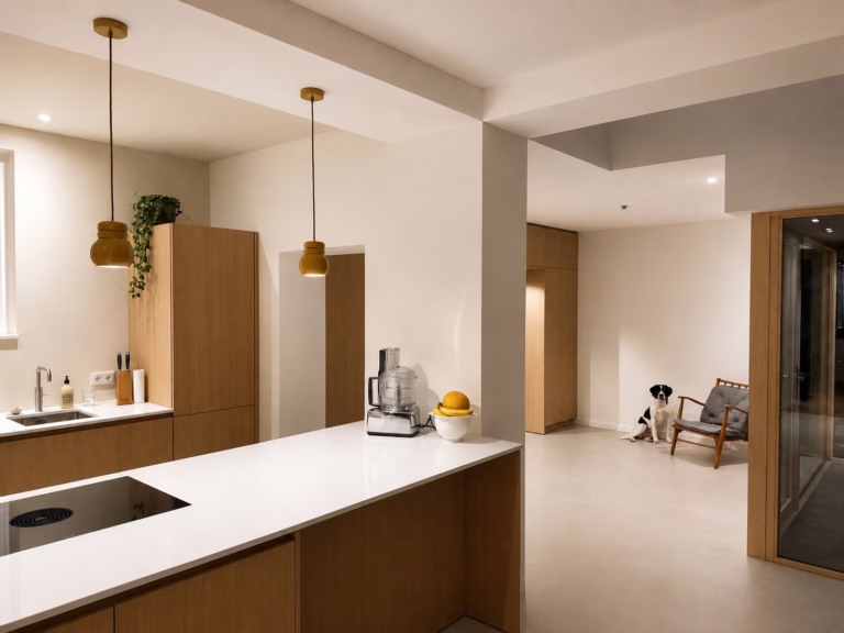 Warme Minimal Sand gietvloer Eindhoven in kleur Hekla — open keuken met eiken maatwerk en doorkijk naar de hal.