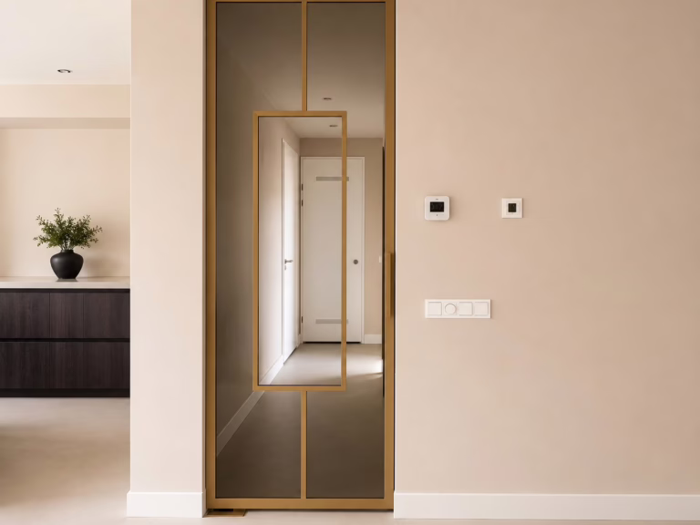 Bio Cement gietvloer Herten — hal naar woonkamer met moderne gouden glazen deur.