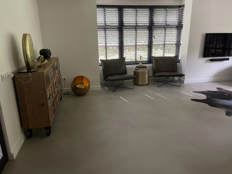 Detail leren fauteuils op Design Woonbeton in Sint-Michielsgestel, met vlaggen-kastenwand en gouden bol