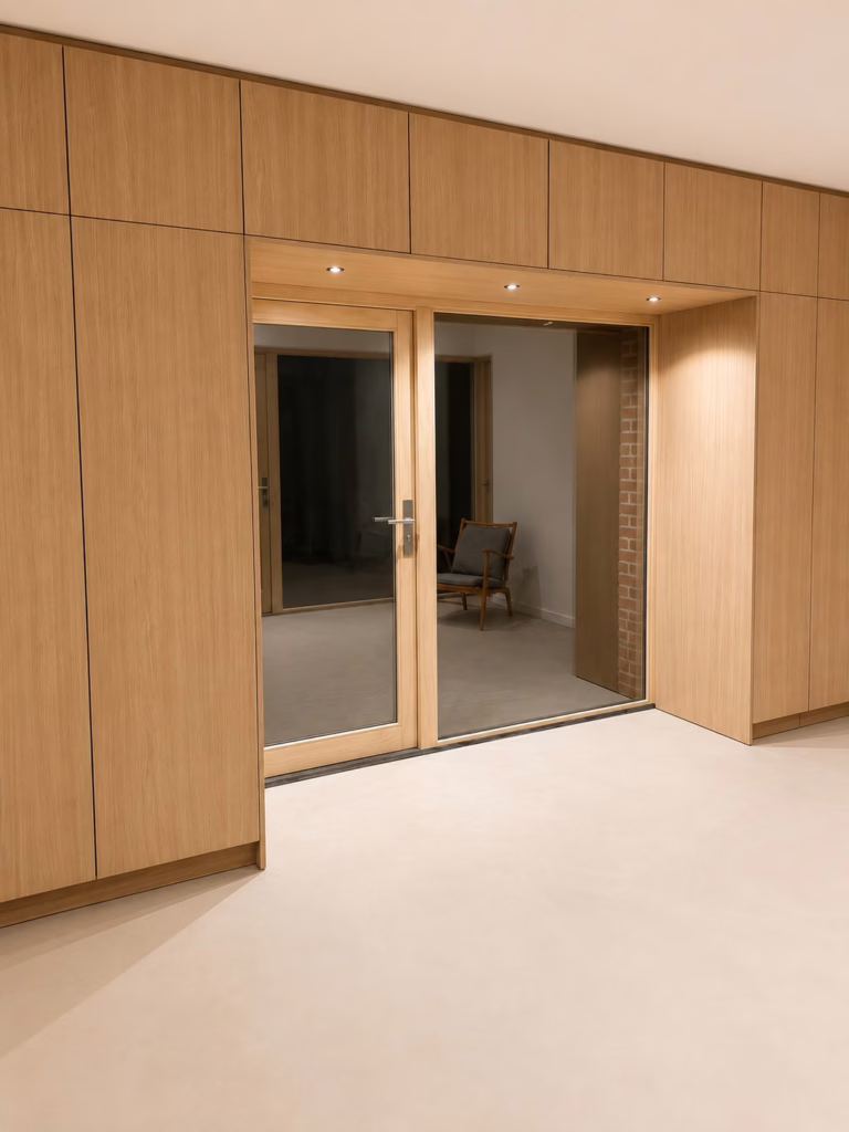 Minimal Sand gietvloer Eindhoven met eiken maatwerk kastenwand en dubbele deuren naar de hal.