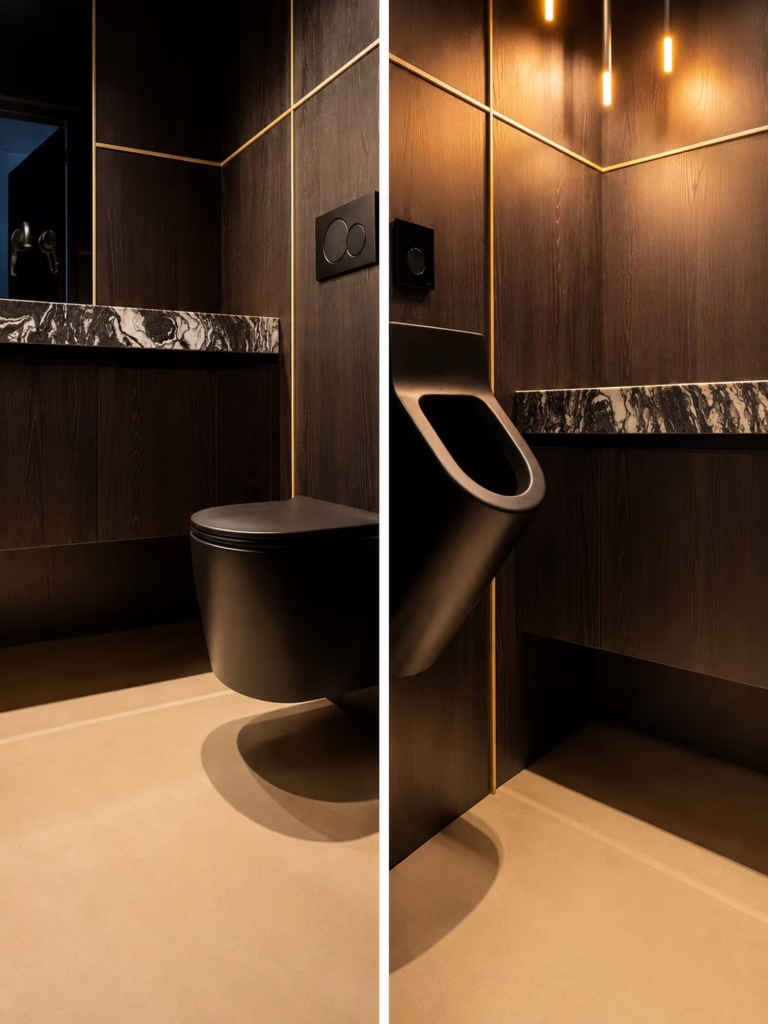 Minimal Sand gietvloer Best — luxe toiletruimte met donker hout, gouden lijnen en zandkleurige wandtegels.