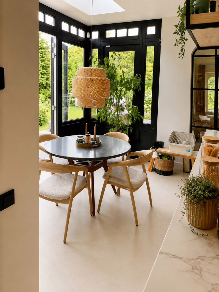 Japandi eethoek met Minimal Sand kwartsiet gietvloer in kleur Madison en zicht op de tuin, Eindhoven