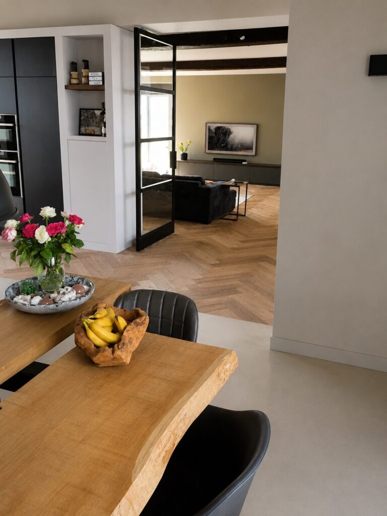 Doorkijk vanuit de keuken met Design Woonbeton naar de woonkamer met houten visgraadvloer in een monumentaal pand in Veldhoven.